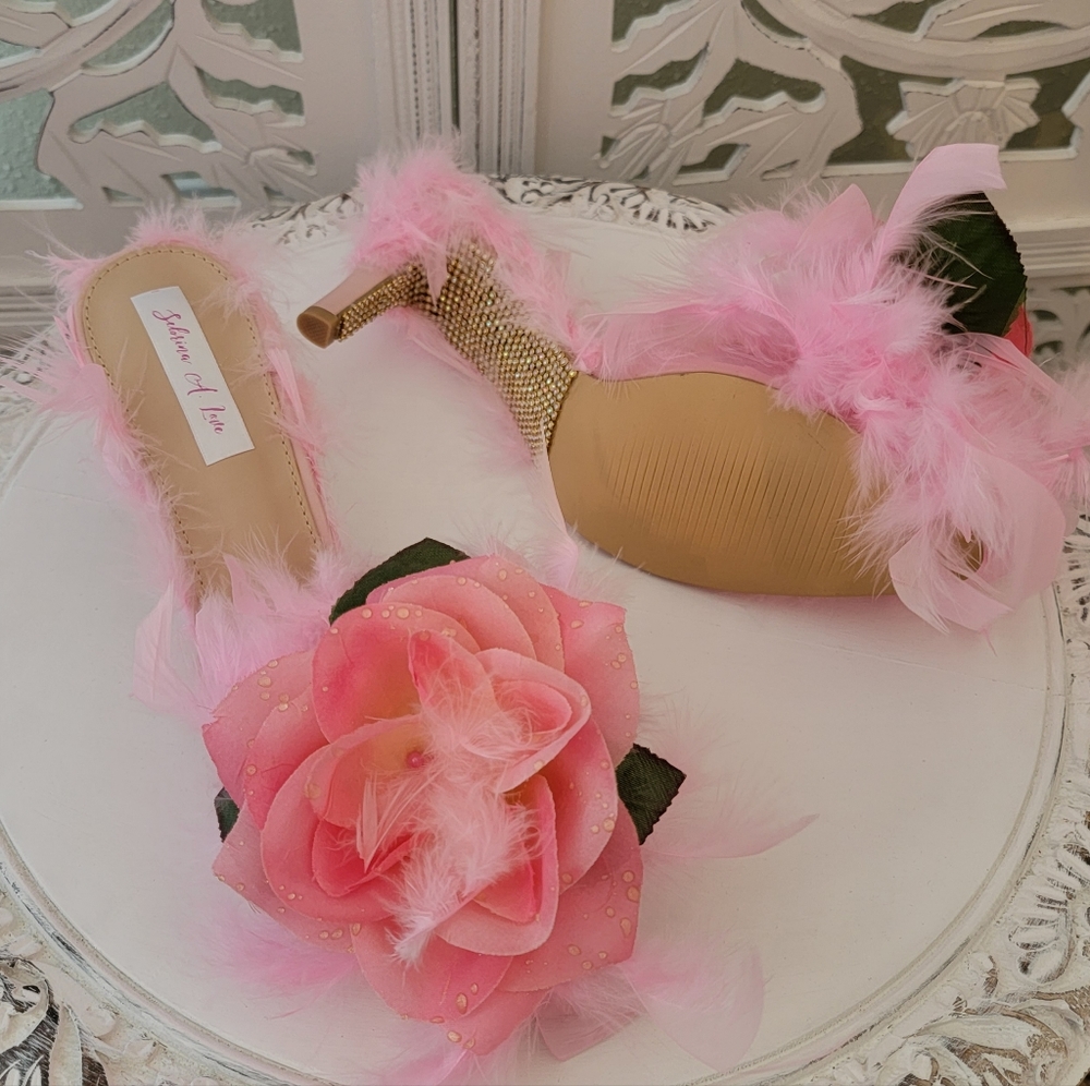 "LADY FEATHERINGTON" Baby Pink Feather Rose Crystal Mule Heels